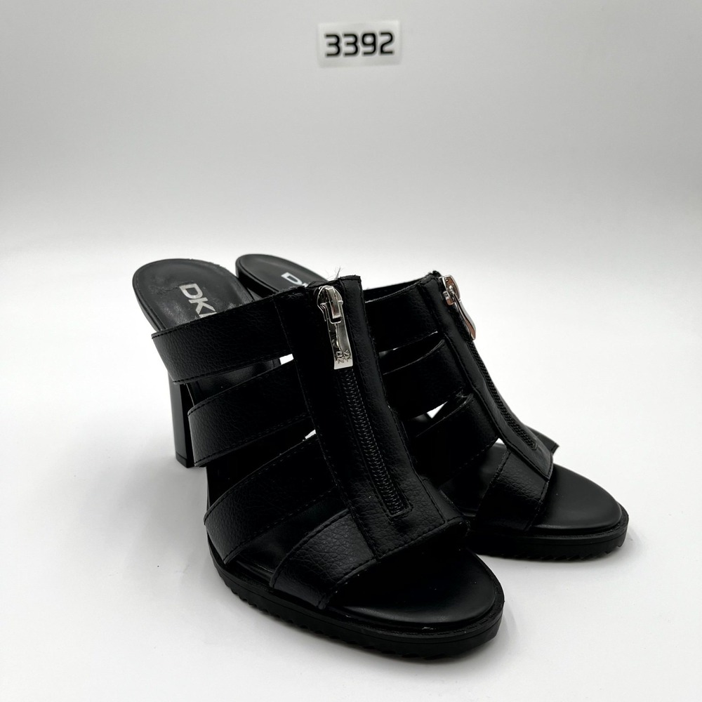 DKNY Women's 7M Shoes Core Black Leather Stiletto Heel Casual Slip On Sandals